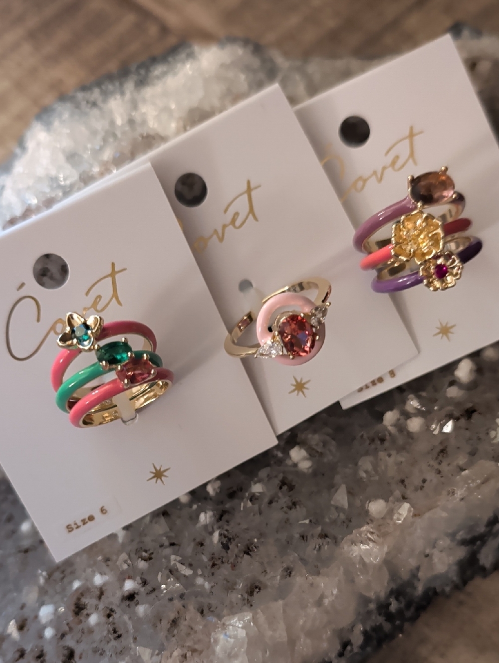 Covet Stacking Rings Lot; 7 Enameled Gold-toned w/ Colored Stones
